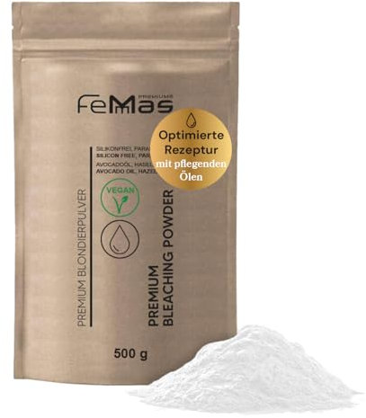 FemMas Polvere sbiancante premium 500 g, vegana, senza polvere e ultra forte con oli nutrienti, sbiancamento delicato fino a 9 sfumature, senza sperimentazione su animali, senza parabeni e siliconi