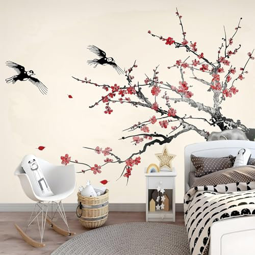 Papel pintado fotográfico impreso Rama de ciruelo a tinta Papel pintado fotográfico de tejido no tejido 200 x 140 cm arte fotográfico pared de Amarillo pintado de pared imagen de pare