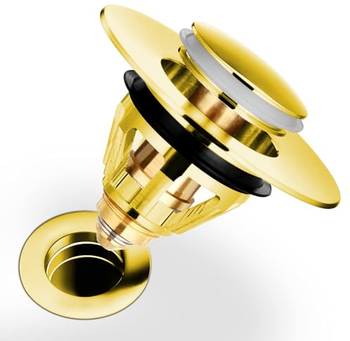 Tappo di scarico universale per lavandino e vasca da bagno, in acciaio inox, con doppia guarnizione (34-38 mm), colore: oro