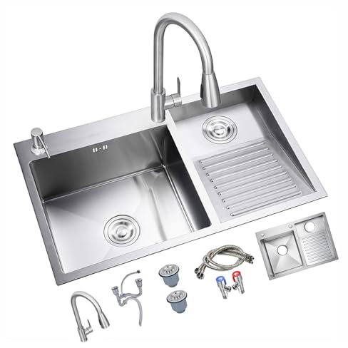 Lavandino a doppia vasca in acciaio inox con asse e rubinetto estraibile, facile da pulire, 70 x 48 x 22 cm