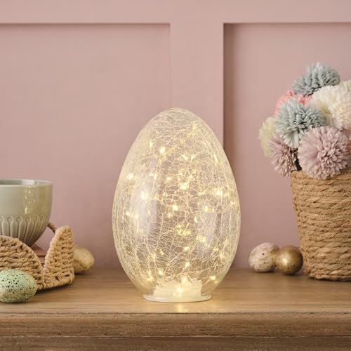 Lights4fun Huevo de Pascua de Vidrio Craquelado de 21 cm con 50 LED Blanco Cálido a Pilas con Temporizador Decoración para Mesa de Pascua Interior