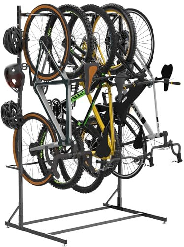 Lezbanz Freestanding Bike Storage Rack for 5 Bikes, 52 Wide Steel Vertical Bike Rack with 5 Bike Hooks & 6 Hooks for Helmet Storage, Bike Racks for Home and Garage, Indoor Floor Bike Stand