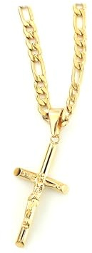 Lifetime Bling 14K Figaro Gold Cross Crucifix Necklace Pendant Charm with 3MM Rope Chain Gift for Men Women Husband Wife Baptism Religious w/real strong Solid Clasp Fashion Jewelry