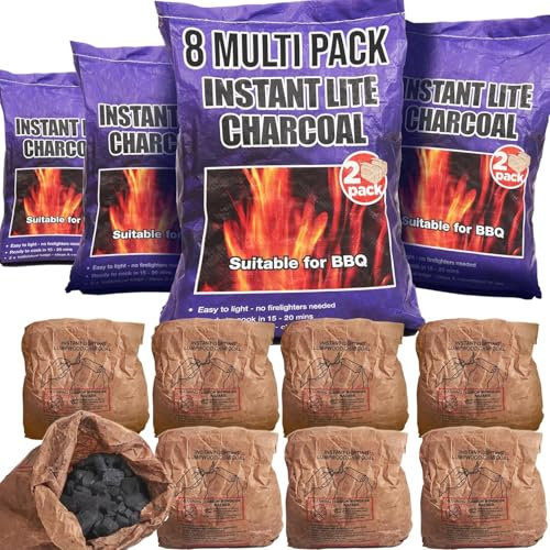 8 x 1.25kg Bags (10kg) Premium Instant Light BBQ Charcoal, Bags of Instant Barbecue Lumpwood Charcoal (4x Twin Packs)