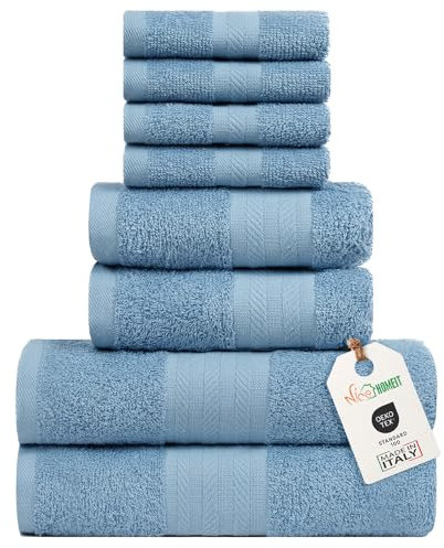 nice homeit Handtuch-Set, mittelgroß, aus 100% Baumwolle, 8 Stück, hergestellt in Italien, extra weich, saugfähig, 2 Handtücher + 2 Gästetücher + 4 Waschlappen (Blau)