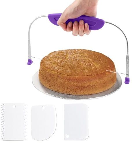 Tortenbodenteiler 27cm x 16cm, Tortenbodenschneider Ausgestattet mit Höhenverstellbarem Schneidedraht und 4 Kuchenschaber, Tortenschneider Tortensäge Zum Gleichmäßigen Aufteilen von Kuchen und Brot