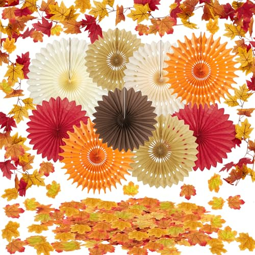 Hemarkable 9 stycken orange papperssolfjädrar dekoration och 100 stycken höstblad konstgjorda lönnblad, höstdekoration, orange röd brun pappersfack för halloween Thanksgiving påsk bröllop