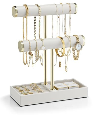Vlando 2-Tier Armbandhalter, Schmuckständer mit Ablage - Lederner Schmuckhalter Organizer für Frauen - Uhrenständer Display für Halsketten, Uhren, Ringe, Ohrringe, Armbänder,Haarreif- Weiß