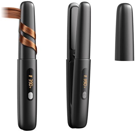 Cordless Hair Straightener Curler 2 in 1 Ceramic Flat Iron Mini Portable Fast Heating 30s 4500mAh Battery 4 Temp Adjustments LCD Display USB Rechargeable for Women Men with Pouch (Black White)