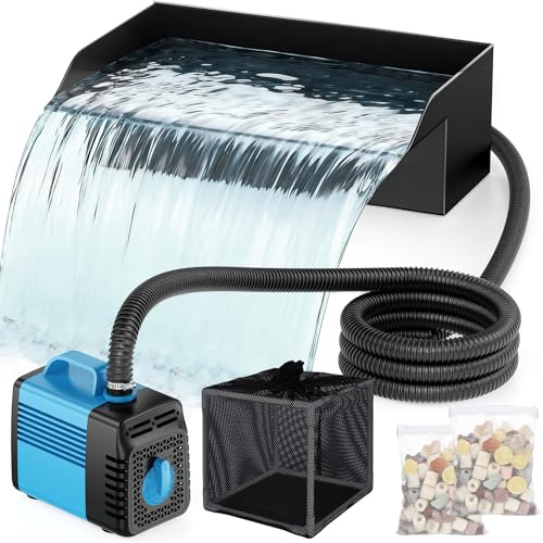 Pond Waterfall Spillway Kit, 30cm Pond Waterfall Filter with 2500L/h Waterfall Pump & Filter Cage, 3m Corrugated Tubing for Outdoor Garden Ponds, Backyard Water Features