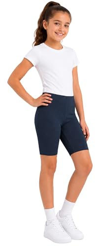 Just Juniors - Girls Cycling Shorts - Shiny Stretch for Dance Gymnastics PE School Sports, Elastic Waistband, Ages 5-12, Multiple Colors (Navy 7-8)