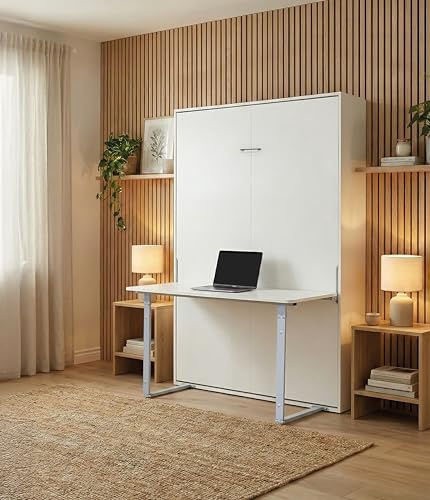 Vep Home Cama Abatible Vertical con Escritorio Integrado, Blanco, 135x190 cm, Diseño Minimalista, Ahorro de Espacio