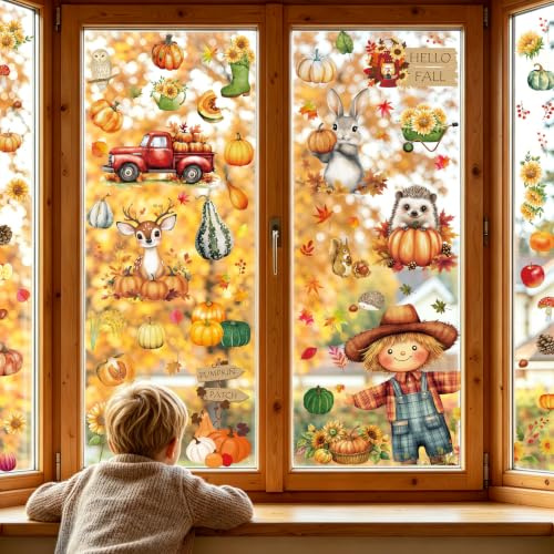 Autocollants d'Automne pour Fenêtres – 99 Pièces Feuilles Érable, Citrouilles, Animaux, Épouvantail, Réutilisables pour Thanksgiving, Halloween, Chambre Enfant