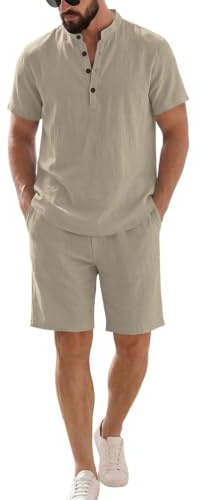 Oanviso Hombre Chándal 2 Piezas de Algodón y Lino Camisa Henry Manga Corta Verano Camiseta + Pantalones Cortos de Playa Deportivos Completo Traje Conjuntos