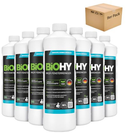 BiOHY Professionell fönsterrengöring (9 x 1l flaska) | Koncentrat av glasrengörare, perfekt för alla FÖNSTERVAKUUM, Kärcher, Leifheit, etc. (Fensterreiniger)