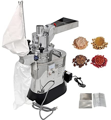 TECHTONGDA Commercial Hammer Mill Grinder, Automatic Continuous Grain Grinder Mill, Water-cooled System, 110V Stainless Steel Industrial Pulverizer Grinding Machine, Dry Material Only, 2.2-88 lbs/h
