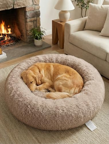 OKPOW Donut Dog Bed,Calming Anti Anxiety Large Dog Beds,Washable Soft Warm Plush Fleece Fluffy Soothing Cat Pet Cushion,Round Orthopedic Relief Improved Sleeping Non Slip Bottom Kitten Bed,80cm
