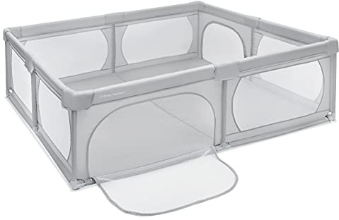 Moby-System Parque Infantil Plegable para Bebé - Centro de Actividades con Base Antideslizante 200x140cm - Corralito Impermeable con Ventanas y Cremallera, Bolsa de Transporte Incluida - Gris