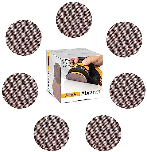Mirka Abranet Lot de 5 disques abrasifs en maille Ø 77 mm de chaque grain 80, 120, 180, 240, 320, 400, 600/35 pièces, pour toutes les ponceuses excentriques et ponceuses de 77 mm