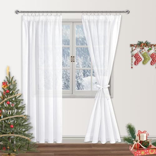 DWCN White Sheer Curtains Pencil Pleat Net Curtains for Windows with Tiebacks Semi Transparent Voile Curtains for Bedroom Living Room Rod Pocket, 2 Panels, W55 x L96 Inch