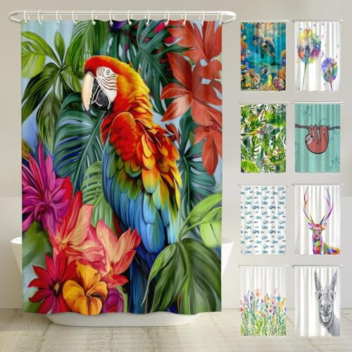 arteneur® - Papagei - Anti-Schimmel Duschvorhang 180x200 - Recycelt mit Öko-Tex Standard 100 - Beschwerter Saum, Blickdicht, Wasserdicht, Waschbar, 12 Ringe & E-Book