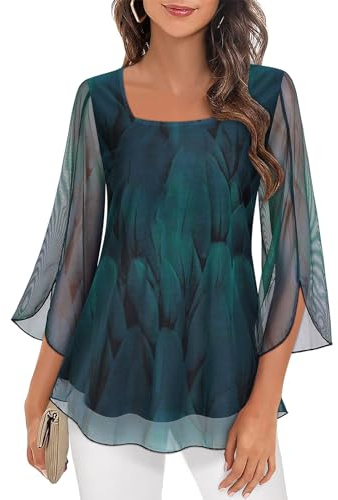 Syphiby Camicette da Donna con Ruffle, Maniche a 3/4, Top a Tunica, Scollo Quadrato, in Chiffon, a Doppio Strato, con Rete, Taglia M-3XL, Blu pavone, XXL