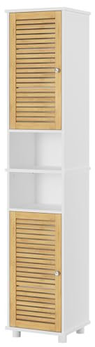 FORABAMB Badezimmer Hochschrank, Badzimmerschrank mit 2 offenen Fächern und verstellbaren Ablagen, Badschrank mit 2 Bambustüren, Badmöbel, für Wohnzimmer, Küche und Bad, 32 x 30 x 190 cm