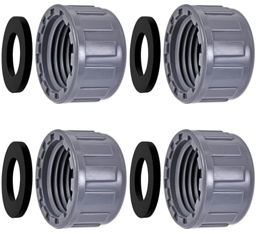 HAOBIN 4 Piezas Tapón roscado PVC Tapón roscado PVC 40 mm Conector para Manguera de Rosca Interior Redonda Tapón Redondo con Junta con Junta de Goma para Extremos de Manguera de jardín (25mm)