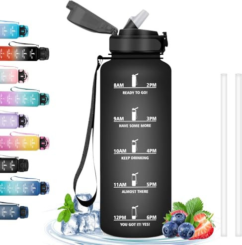 Botella 1.5 Litros con Pajita, a Prueba de Fugas, Motivacional, Botella Plastico con Marca de Tiempo, Botella de Agua para Gimnasio, Ciclismo, Negro