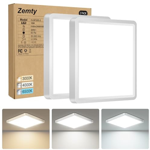 zemty 2Pack Deckenlampe LED Deckenleuchte Flach, 3Farben - 3000K/4000K/6500K, IP44 Wasserfest Quadrat Badlampe Decke, 2100LM Modern LED Decklit für Flur küche Badezimmer Schlafzimmer Büro, Ø22CM