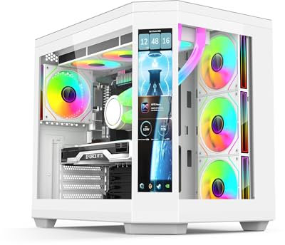 IONZ APEX Vision - PC Gaming Case, ATX Mid Tower, Dual Chamber with 4 ARGB PWM Fans - LCD Screen | White