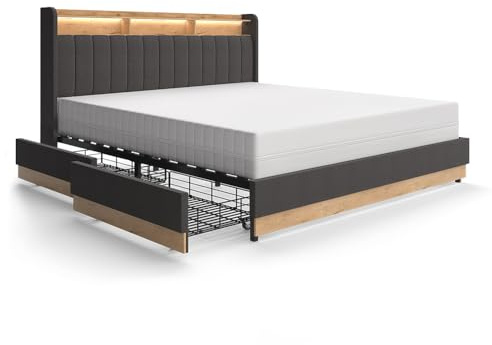VitaliSpa Polsterbett Nura, Anthrazit, 180x200 cm mit 4 Schubladen, mit USB-Ladeanschluss, LED-Beleuchtung und Fernbedienung