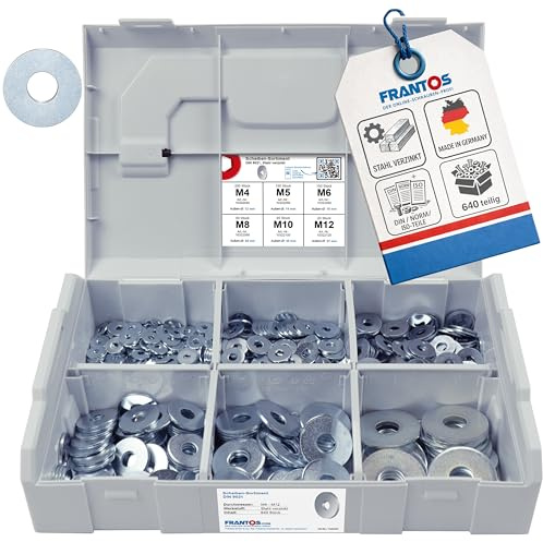 FRANTOS L-BOXX Mini DIN 9021 Unterlegscheiben Sortiment, M4 bis M12 640 tlg. (Stahl verzinkt) - Sicherungsscheiben Beilagscheiben Scheiben Set