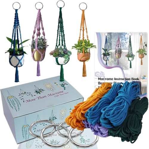 suo long Kit macramè per adulti per realizzare 4 ganci per piante macramè contiene accessori pre-tagliati in macramè da 4 mm, libro di istruzioni facile per principianti/principianti, anelli in