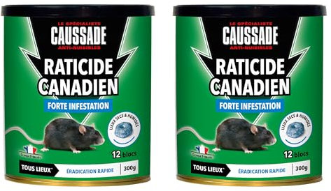 CAUSSADE Raticide Canadien - Anti Rats - Efficacité Radicale - Tous Lieux - 24 Appâts Blocs Pâtes Flocoumafen - Prêt à l'emploi - Une Ingestion Suffit - Fabriqué en France - 2x300g CARPT300X2