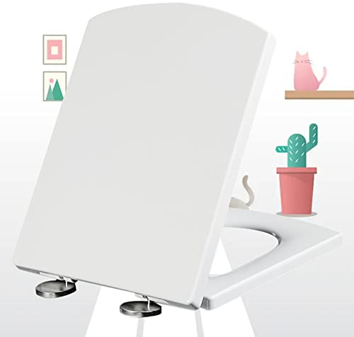 Sedile WC con chiusura ammortizzata, resistente, antibatterico, bianco, con cerniere regolabili in acciaio inox, per bagno, 37 x 47 cm, facile da installare, design igienico