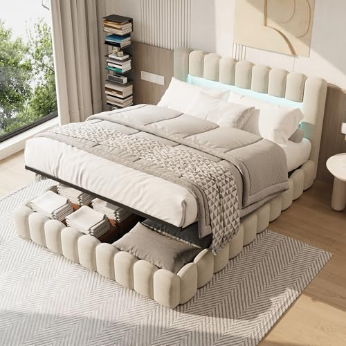 BPKADHY Letto imbottito 160 x 200 cm con cassetto, letto 160 x 200 cm con spazio di stoccaggio idraulico, testiera con LED e USB, telaio letto matrimoniale con rete a doghe, lino beige, senza