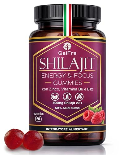 Shilajit Puro | Estratto 20:1 con 50% acido fulvico | Sinergia con Zinco, Vitamina B6 e B12 | Energia, Concentrazione e Vitalità | 60 Gommose al Gusto Lampone | Senza Zuccheri