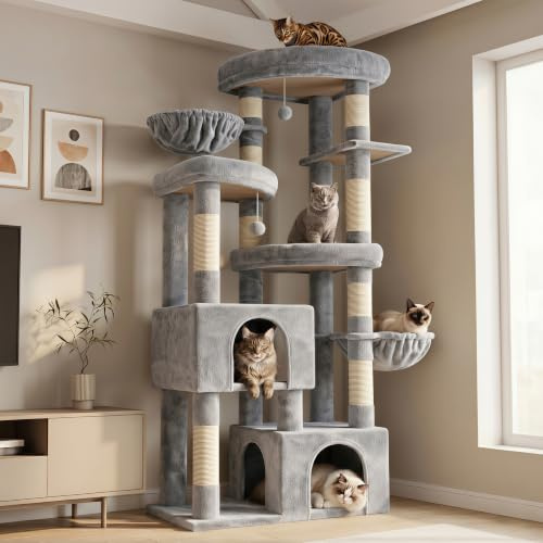 Hey‑brother Rascador para Gatos,con 3 Plataformas Grandes, 2 Cueva, MPJ084W | 171cm Árbol para Gatos Multi-Nivel, 2 Cestas Suaves, 2 Pelota de peluche, para Maine Coon de Interior, Gris Claro