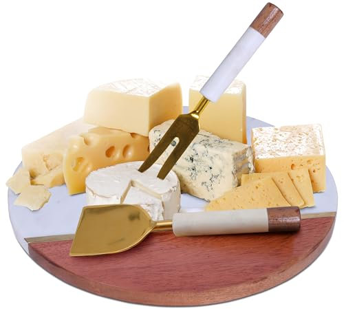 Luxe Designs Wood and Marble Cheese Knives and Board Set – 12 Round Charcuterie Board & Wood Serving Board for Kitchen and Dining – Handmade Acacia Cheese Board Slate & Marble with 2 Piece Knife Set