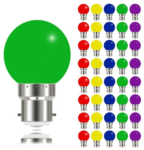 MAYCOLOR Bombilla de Colores B22 3W Equivalente a 30W, 240Lm, Luces de Hada, Guirnaldas de Luces Exterior para Jardín, Café, Cobertizos, Bodas, Pérgolas, Patio, Terraza, No Regulable, 40 Unidades