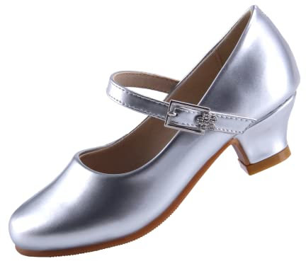EIGHT KM Girls High Heel Dress Shoes Mary Jane Princess Wedding Party Pump Shoes EKM7015 Patent Leather Silver 5 UK Big Kid