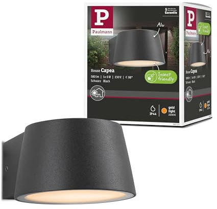 Paulmann 94713 LED Wandleuchte Capea insektenfreundlich IP44 96x128mm 2200K 6W 550lm 230V 98° Schwarz Aluminium Goldlicht Wandlampe Goldllicht