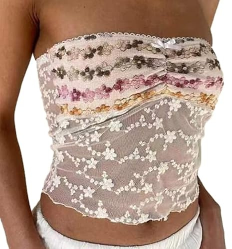 Frotox Tops sans Bretelles en Maille Y2K Off épaule Dos Nu Bandeau Top en à Volants Crop Tank-Top Patchwork Slim-Fit Tops Fille Bandeau Tube Top pour Femme Seins Top