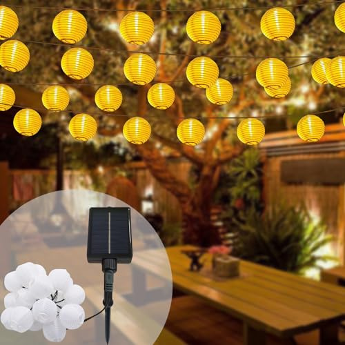 Meision Guirnalda de luces solares para exteriores, 8 m, 30 LED, funciona con energía solar, 8 modos + 7,5 cm resistente al agua, farolillo solar, iluminación para jardín, balcón, patio, blanco cálido