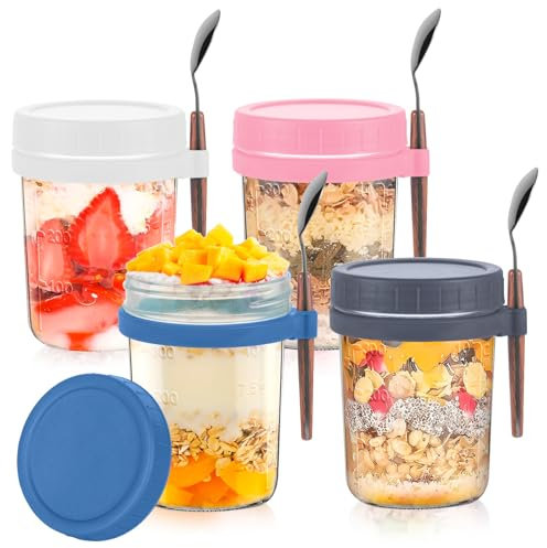 Esilihom 4 Pack Reusable Overnight Oats Jars with Lid and Spoon, 350ml Yoghurt Pots Jars for Overnight Oats Container, Glass Mason Jars for Cereals, Milk, Yogurt, Fruit, Salad（White,Pink,Grey,Blue