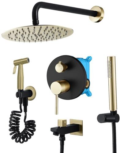 WRKMH Shower Faucet Set Black and Brushed Gold Rainfall Shower System Wall Mounted Shower Complete Combo Set with 10 Inch Rainfall Shower Head, Handheld Shower Head, Tub Spout, Bidet Sprayer