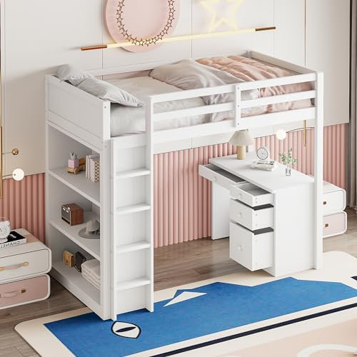 MQLAE Hochbett mit Schreibtisch und Schrank, Kinderhochbett 90 X 200 cm, Tisch mit 4 Schubladen, Kinderbett Rausfallschutz, Multifunktionales Etagenbett, Bett mit Lattenrost, (Weiß)