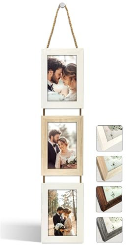 NEOWS Bilderrahmen Collage für Mehrere Bilder - Dekorative Bilderrahmenset zum Aufhängen an der Wand - Mehrfach Fotorahmen Hochformat mit Schnur für 10x15 Fotos (Weiß und Eiche, 3 Vertikale Fotos)