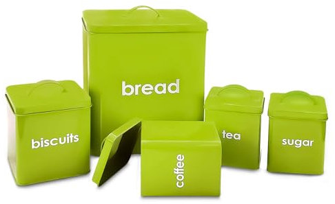 CrystalsBreadBin – 5 Piece BreadBin Lime Tea Coffee and Sugar Canisters Set – Retro Kitchen Storage Jars & Containers
